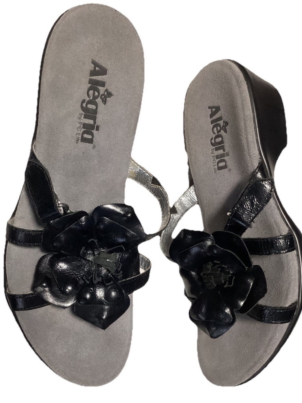 Alegria Black Floral Leather Slide Sandals